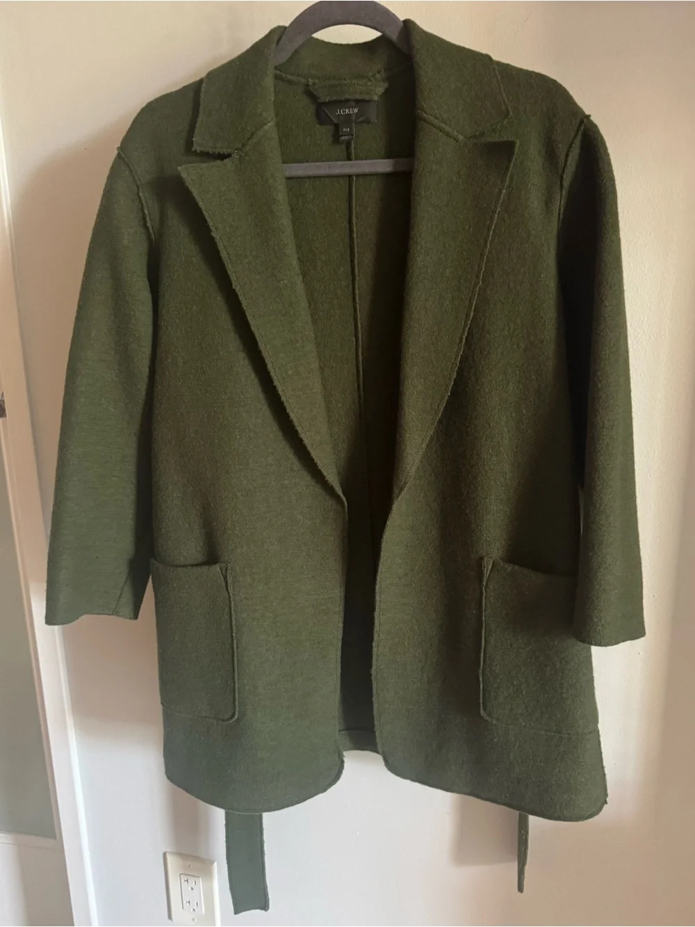 J. Crew Olive Moss Green Boiled Wool Warm Wrap Blazer Coat w Tie Belt Petite XS